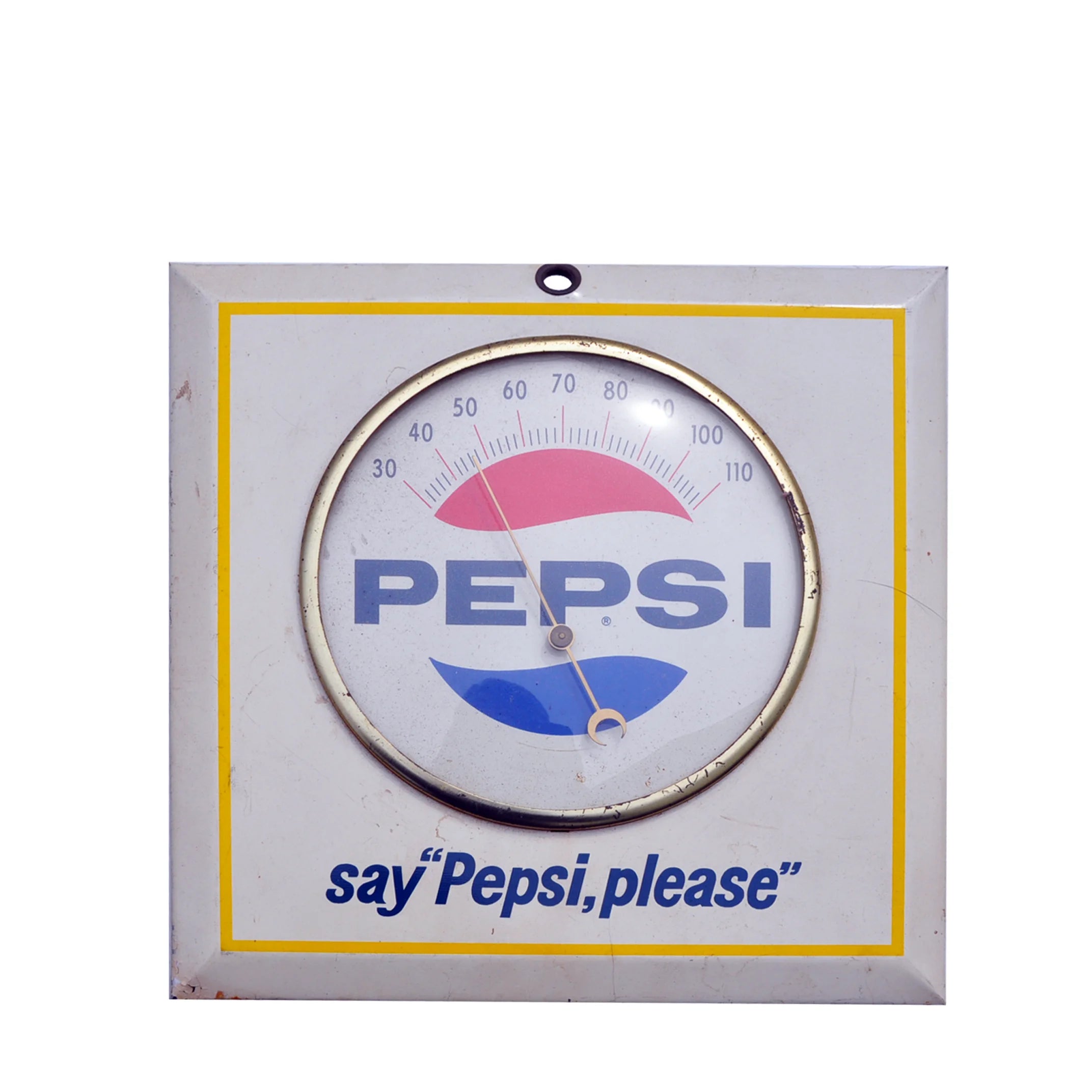 Vintage Enamel Metal Pepsi Thermometer Say Pepsi Please Square 1960s-70s Soda