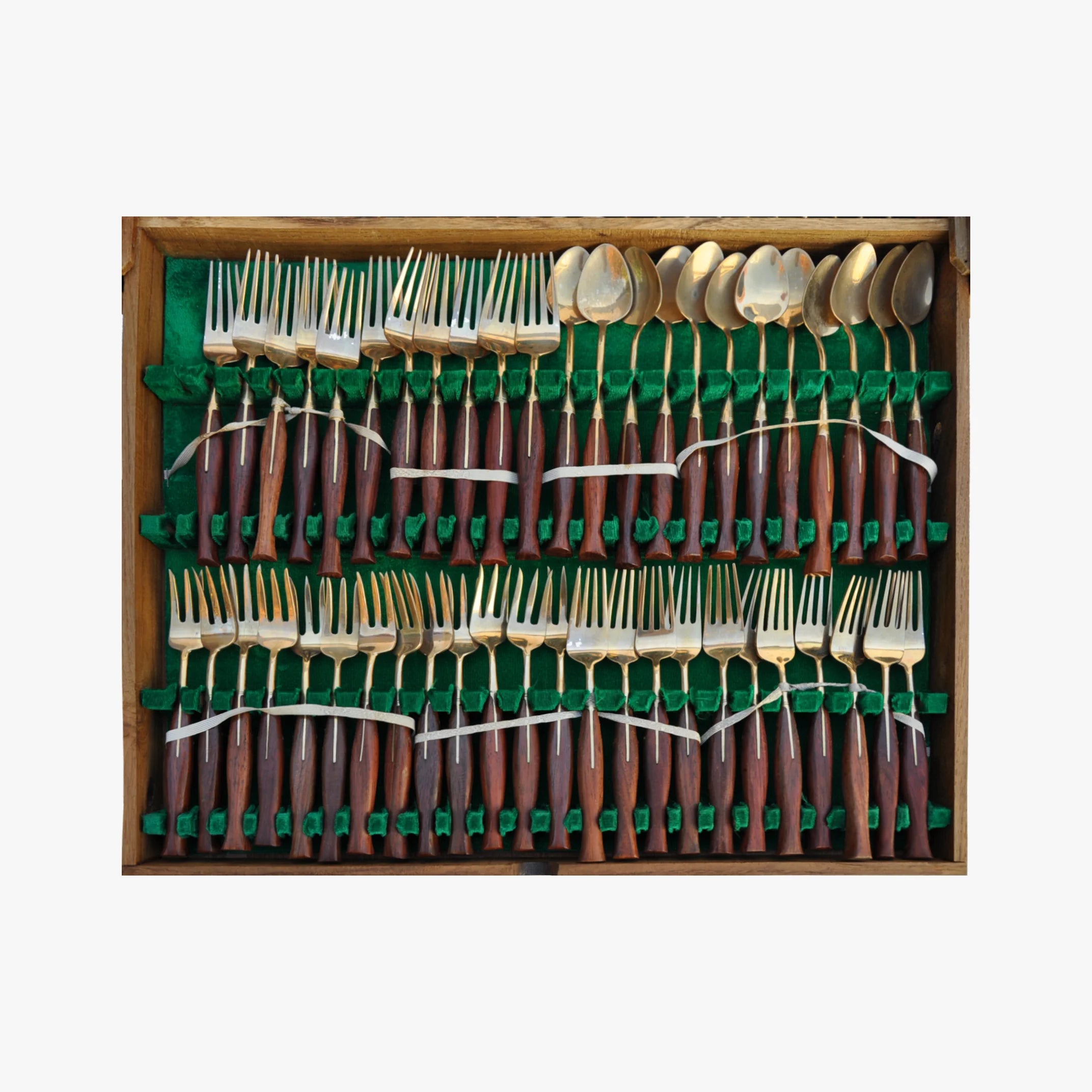 Vintage Rare 1950's Rosewood and Gold Tone Flatware Complete Boxed Set, 149-Pieces