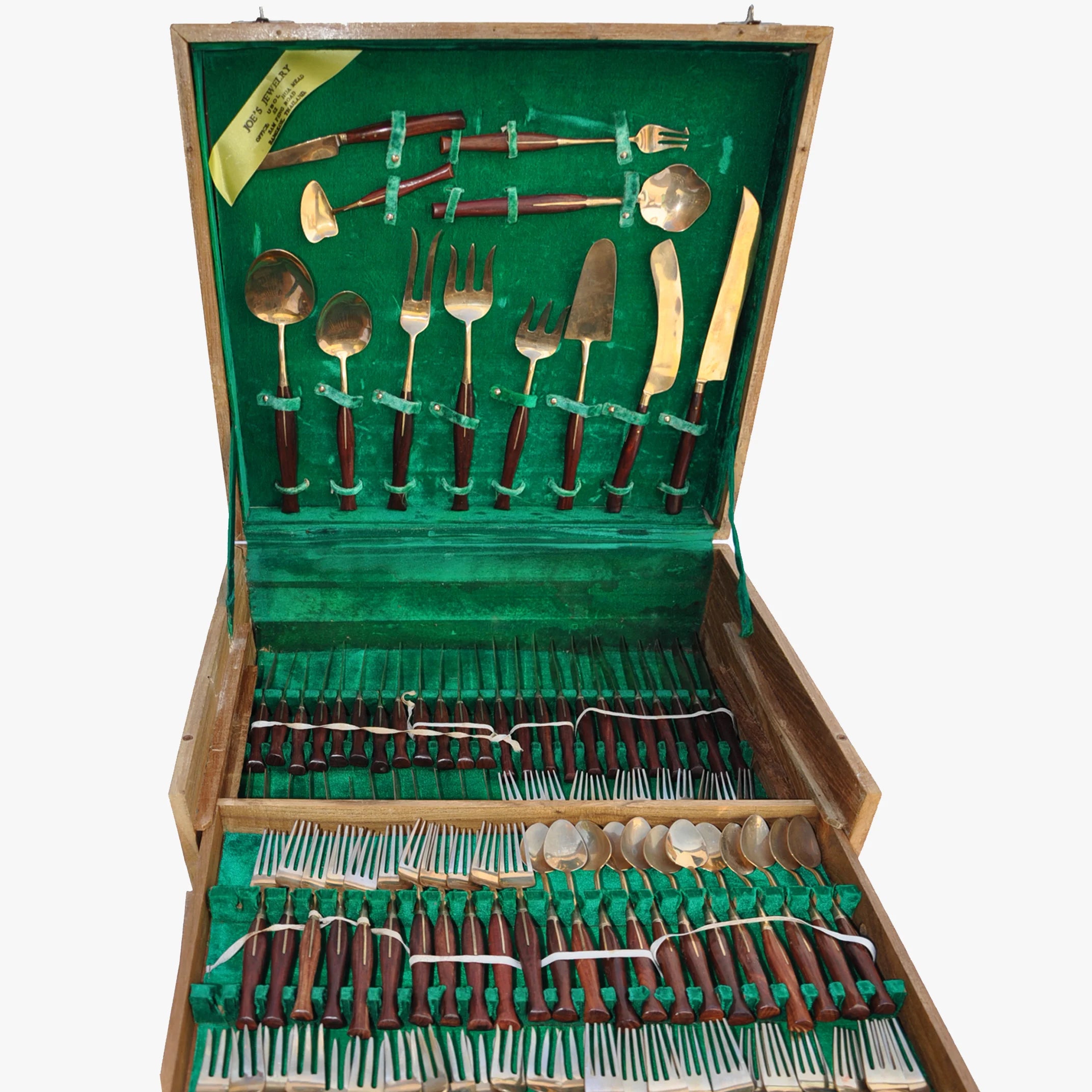 Vintage Rare 1950's Rosewood and Gold Tone Flatware Complete Boxed Set, 149-Pieces