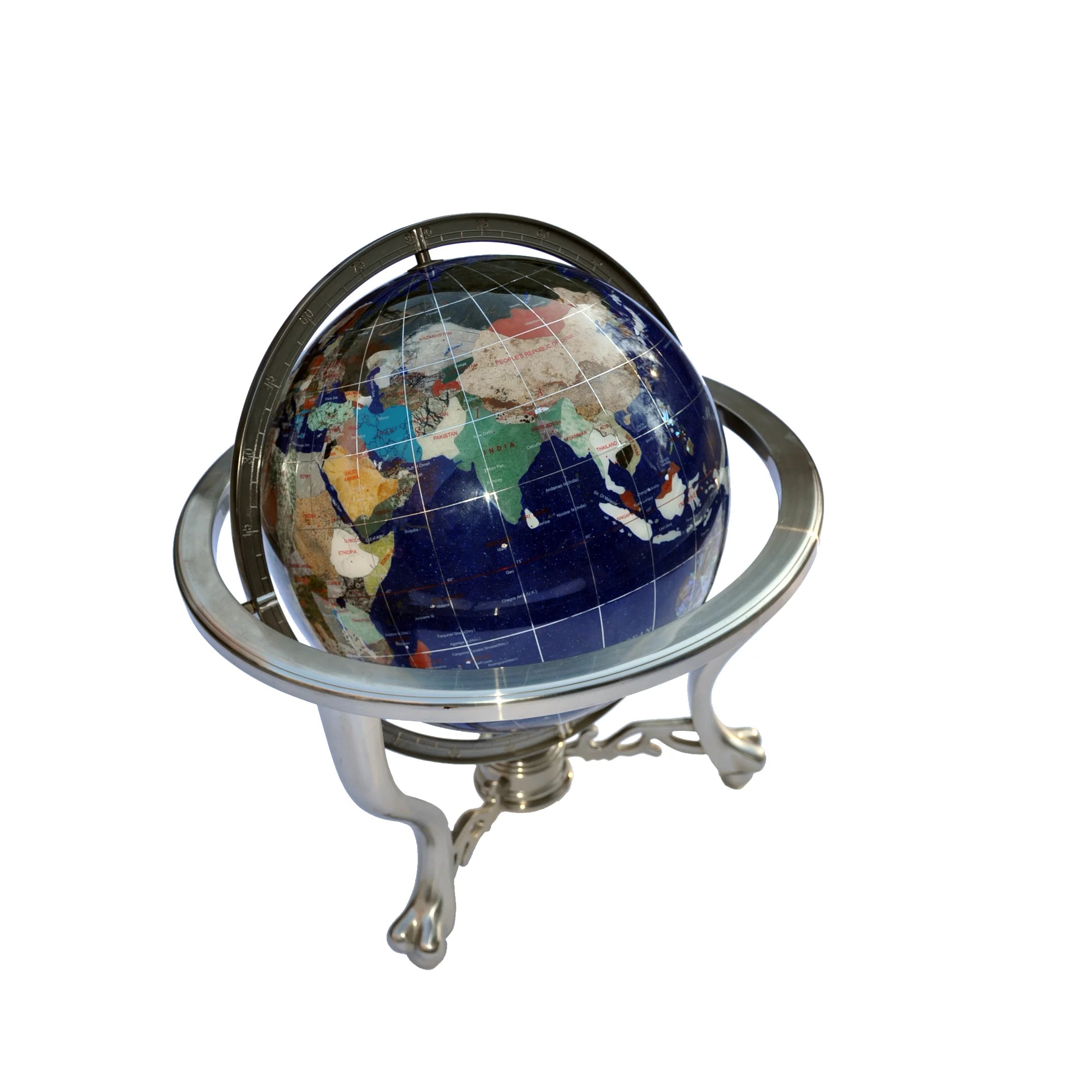 LARGE GEMSTONE BLUE LAPIS GLOBE WORLD COMPASS SILVER TONE PRECIOUS STONE INLAY