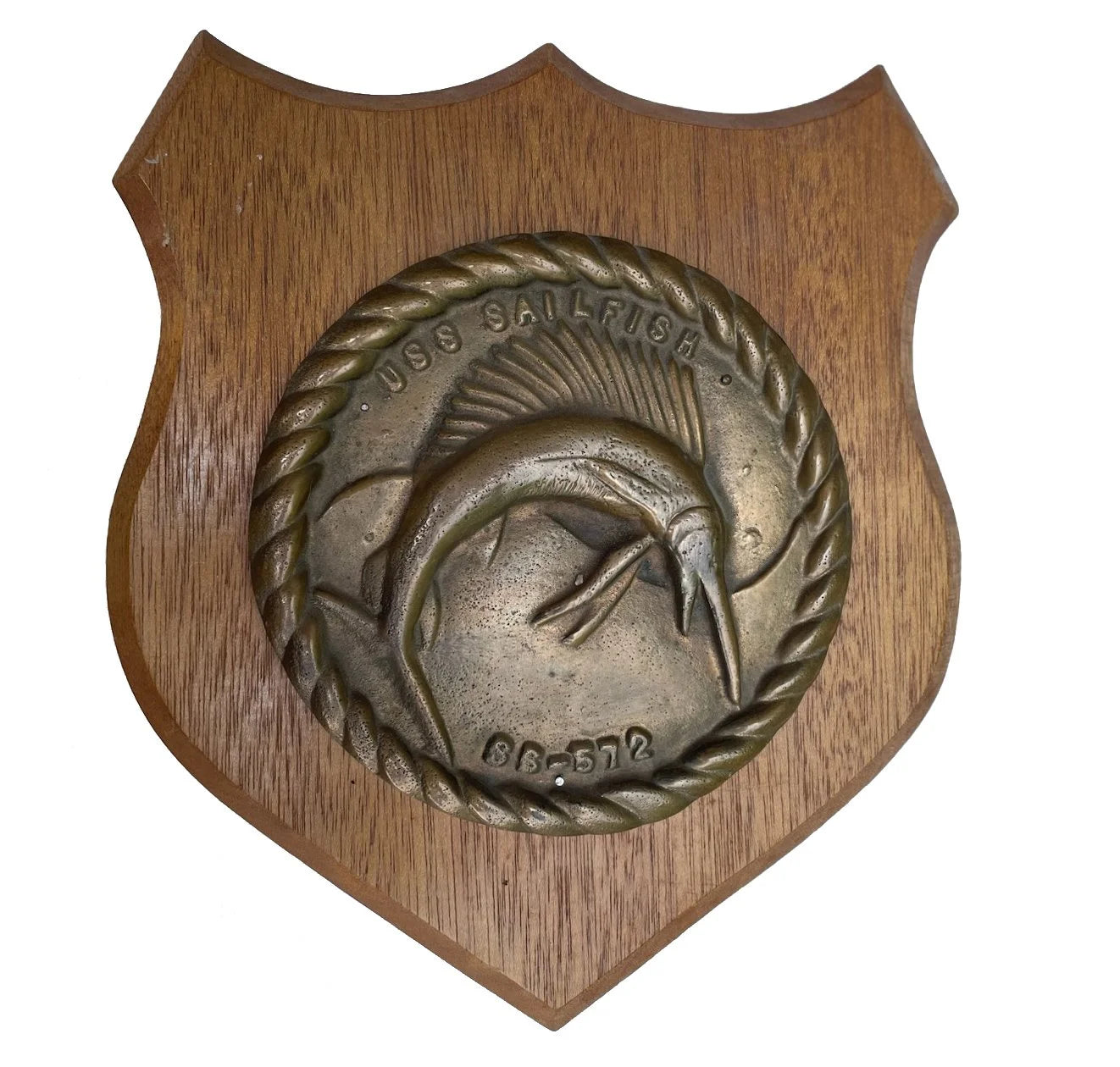 Vintage US Navy USS SAILFISH SS-572 Molded Alloy on Wood Plaque - HEAVY!!